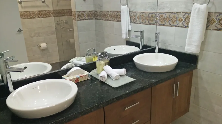 An en-suite with a granite double vanity, two basins, folded towels and a tiled shower