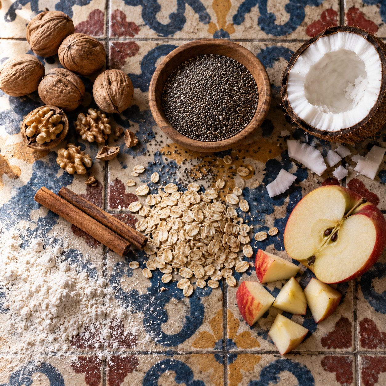Walnuts, chia seeds, rolled oats, cinnamon sticks, flour, a halved coconut and a cut apple laid out on patterned cement tiles