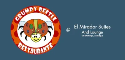 Grumpy Beetle Restaurante badge with a cartoon beetle, “@ El Mirador Suites and Lounge”
